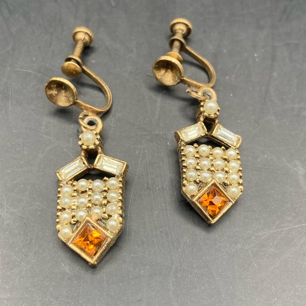 Vintage Screwback Drop Earrings Gold tone Seed Pearls Amber Crystal November